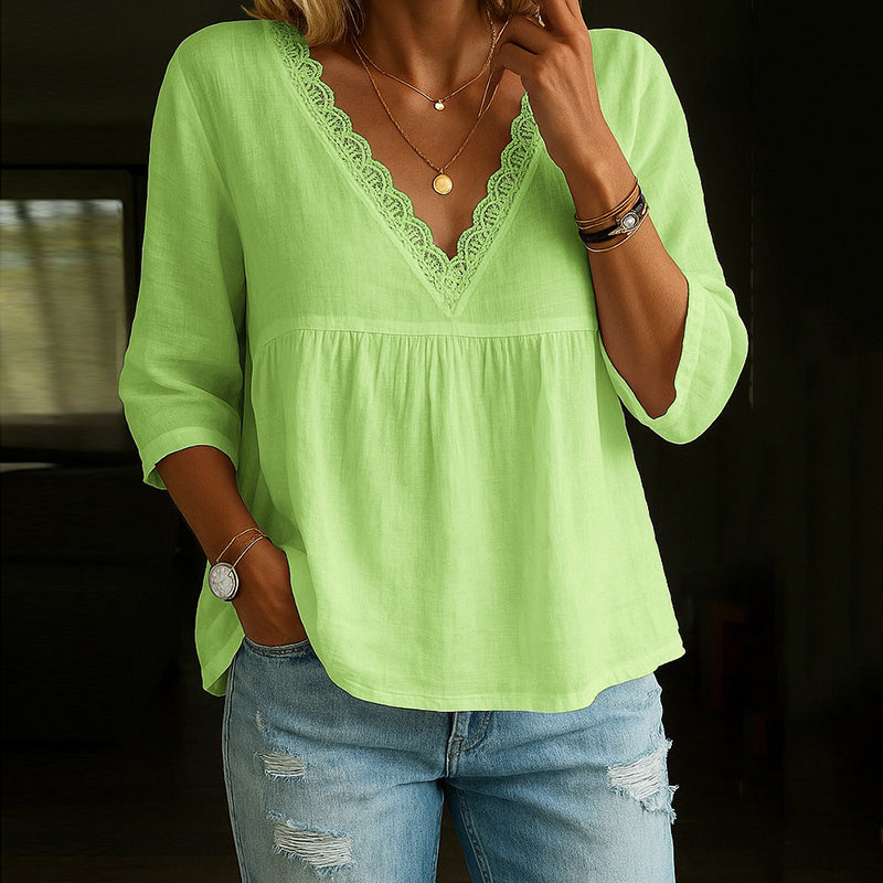 Angel - Elegante blusa de encaje con cuello en V y manga 3/4