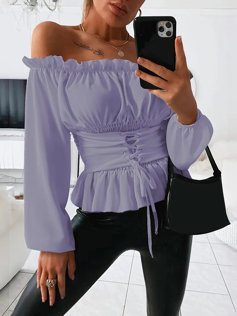 Imelda - Elegante blusa de manga larga con volantes y hombros descubiertos