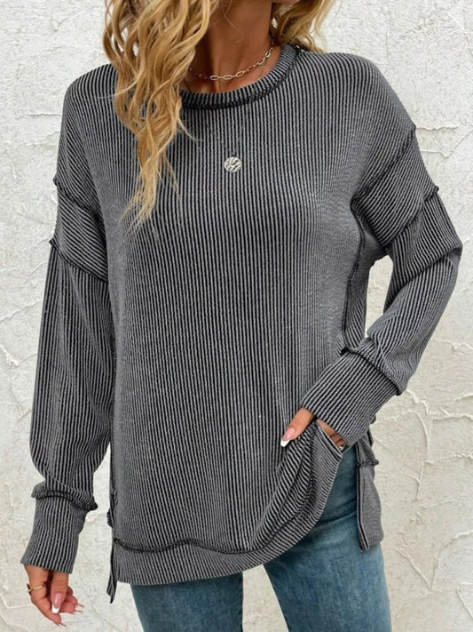 Aimy - Elegante jersey de cuello redondo con rayas y abertura lateral