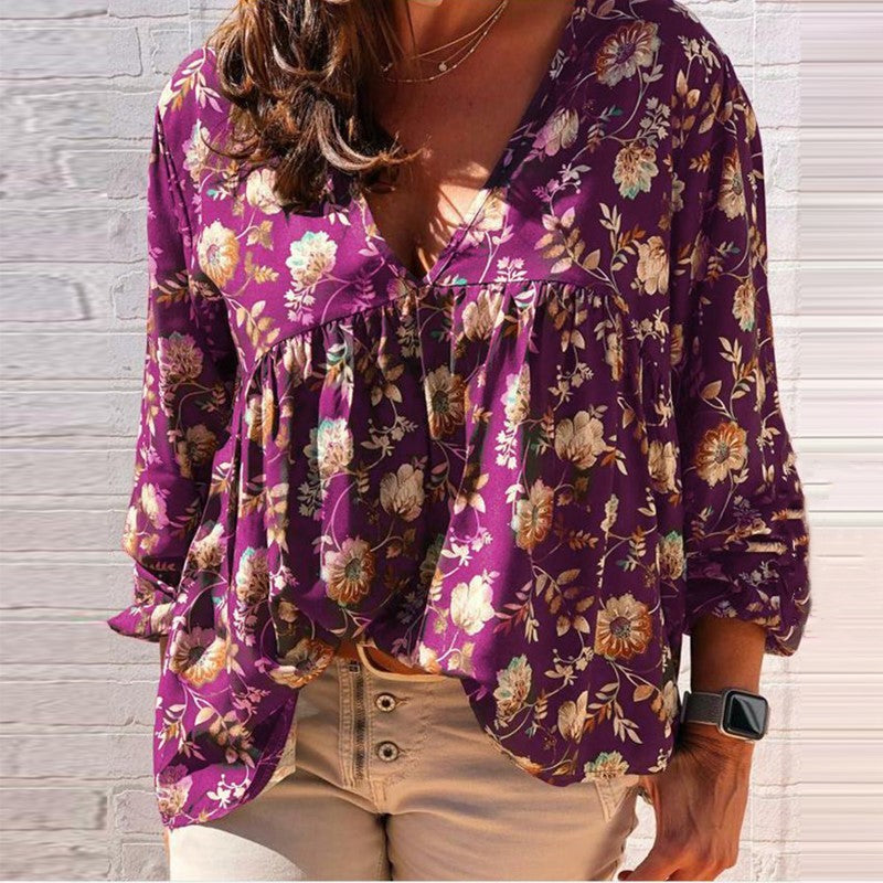 Dariana - Elegante blusa de manga larga y cuello en V con estampado floral