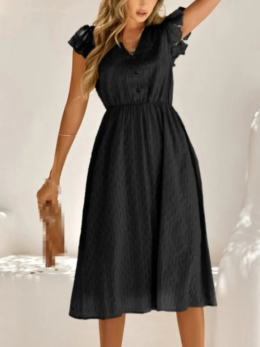 Mikaela - Elegante vestido midi con cuello en V, manga acampanada
