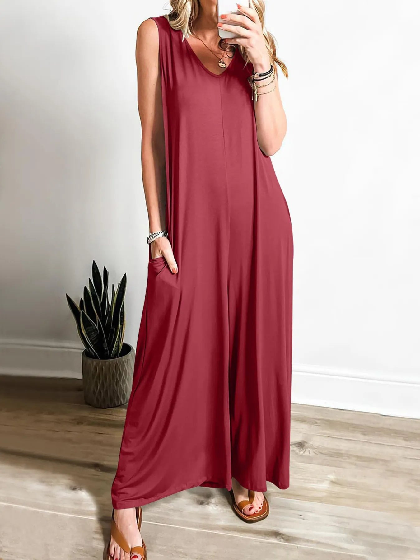 Lily - Mono Casual Sin Mangas Cuello en V Con Bolsillos