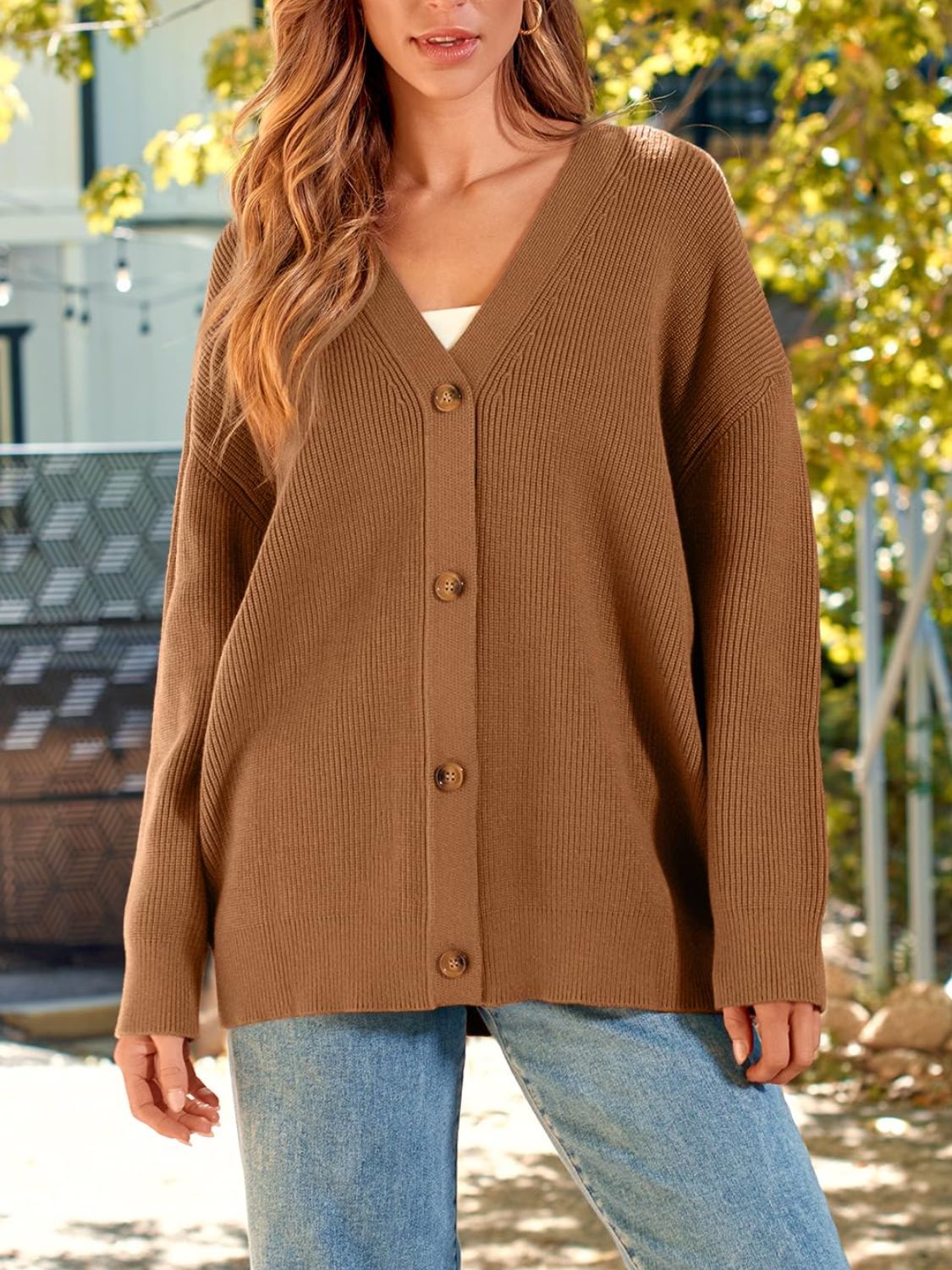 Brianna - Chaqueta de punto de canalé con botones y manga larga