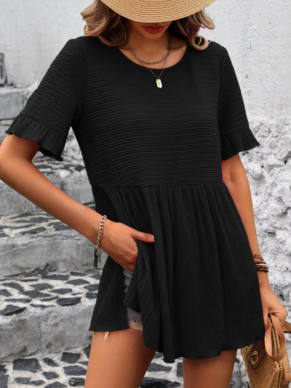Evie - Blusa suelta de cuello redondo y manga corta con volante