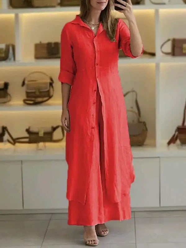 Sunniva - Conjunto informal de vestido largo abotonado de lino y pantalones anchos