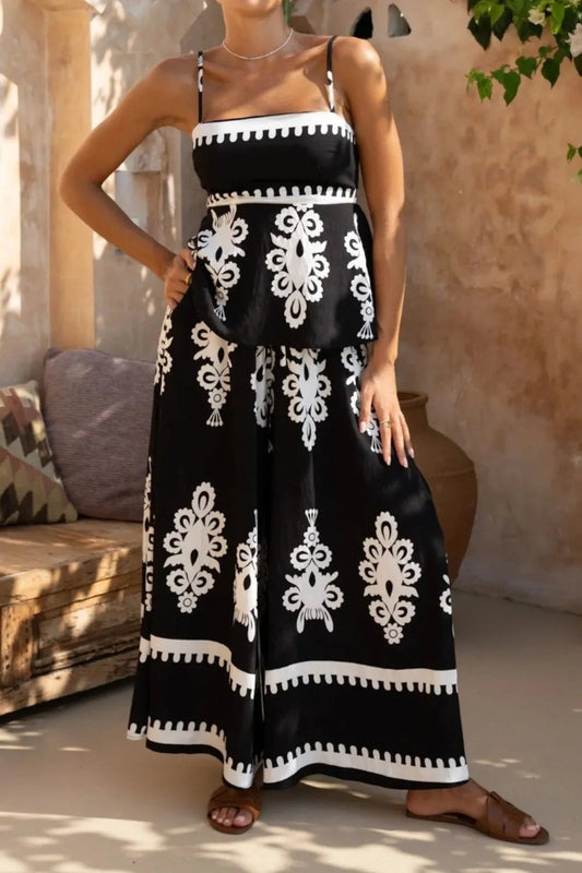 Daniella - Elegante conjunto de top de tirantes sin mangas y pantalón ancho con cuello cuadrado estampado