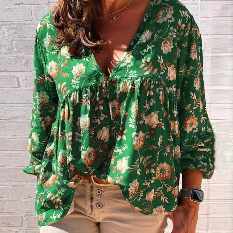 Dariana - Elegante blusa de manga larga y cuello en V con estampado floral