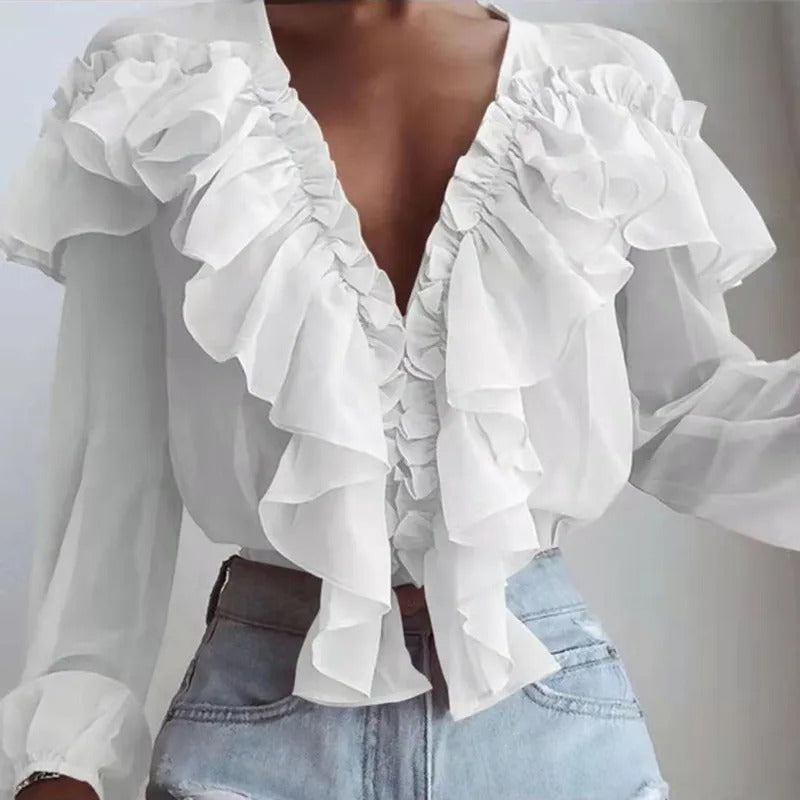 Nychelle - Elegante blusa con volante de manga larga y cuello en V profundo