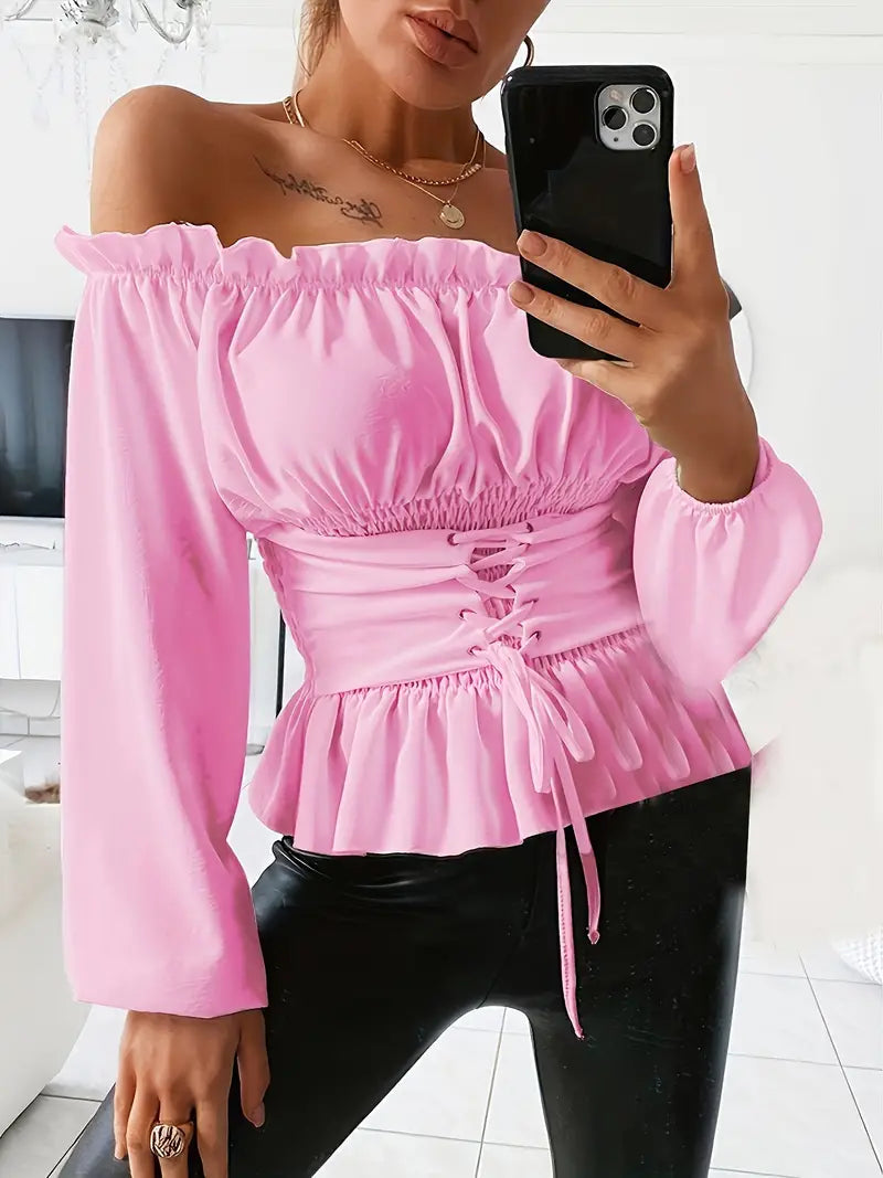 Imelda - Elegante blusa de manga larga con volantes y hombros descubiertos