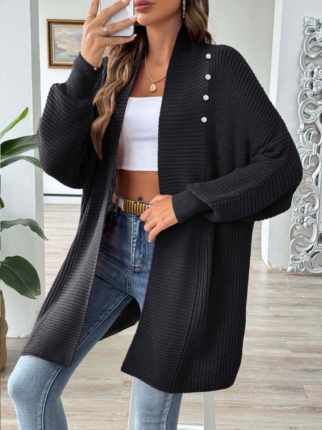 Clarice - Chaqueta de punto de manga larga, suelta y elegante, con frente abierto