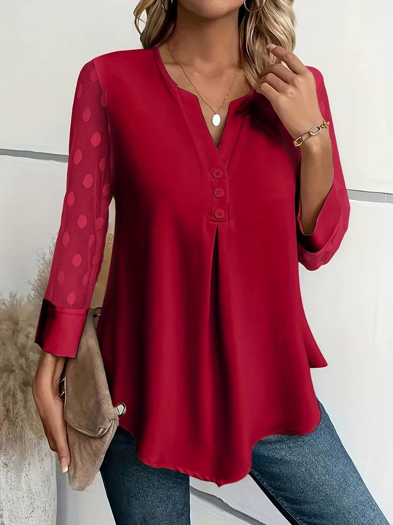 Aireen - Elegante blusa con cuello de pico y mangas de lunares