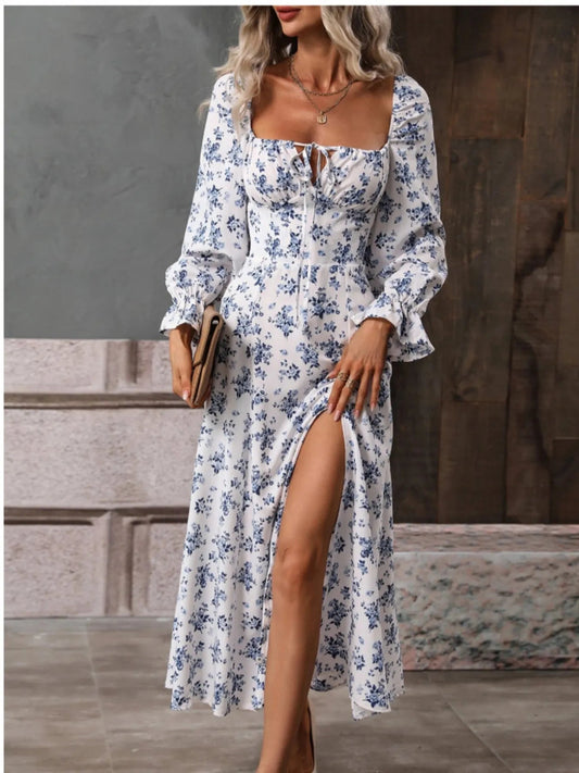 Anastasia - Elegante vestido de cuello cuadrado y manga volante con estampado floral