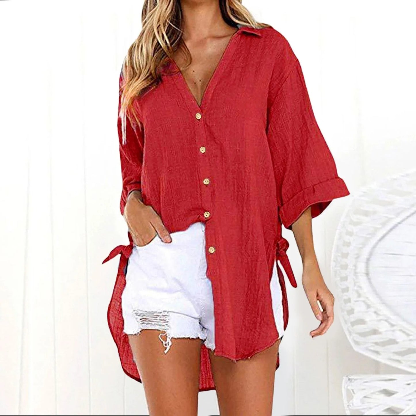 Karmella - Blusa casual suelta con botones y cuello en V