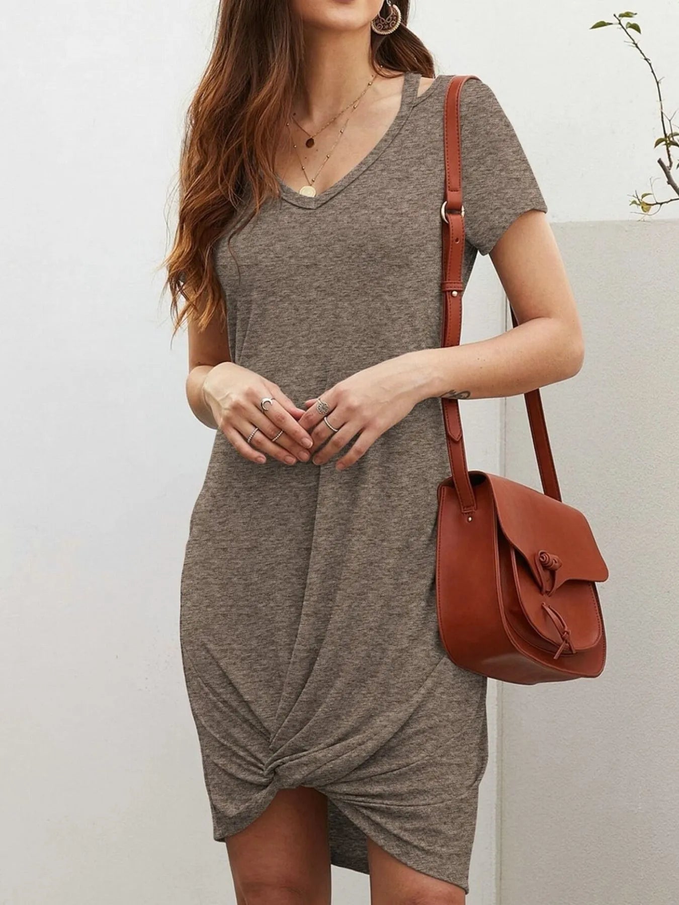 Celestina - Vestido casual de manga corta con cuello en V y nudo trenzado