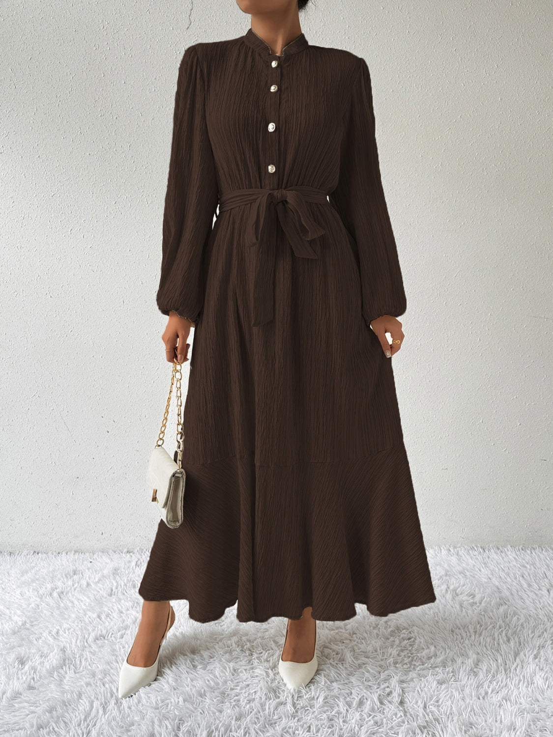 Anne - Elegante vestido largo de manga larga con cinturón de corbata