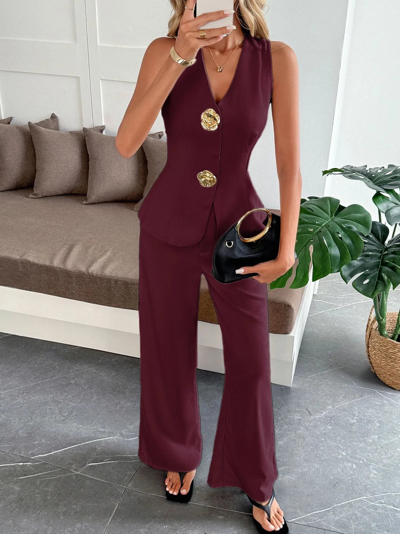 Zainah - Elegante conjunto de chaleco y pantalón con cuello de pico