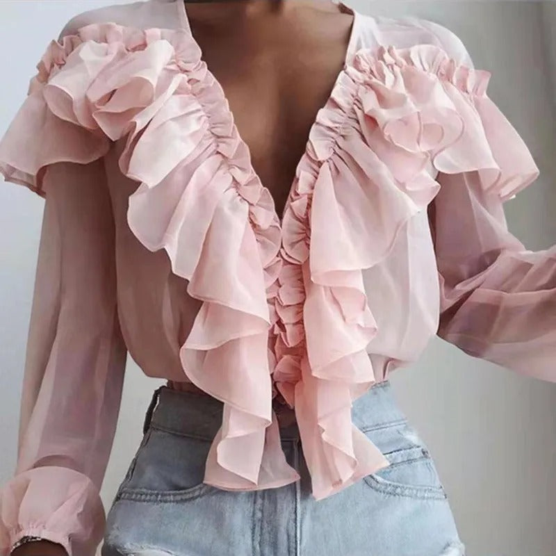 Nychelle - Elegante blusa con volante de manga larga y cuello en V profundo