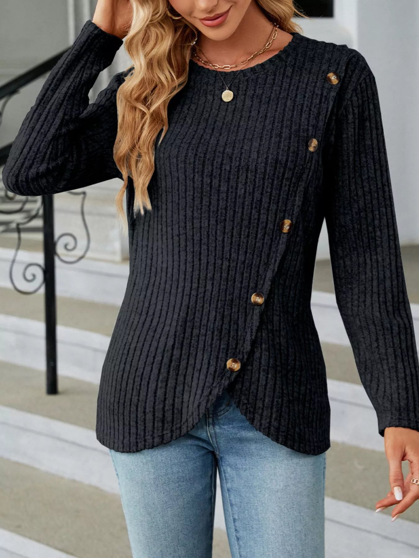 Alayna - Elegante sudadera con botones de punto acanalado