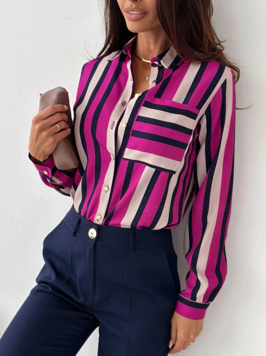 Zainab - Elegante blusa polo con botones y manga larga a rayas