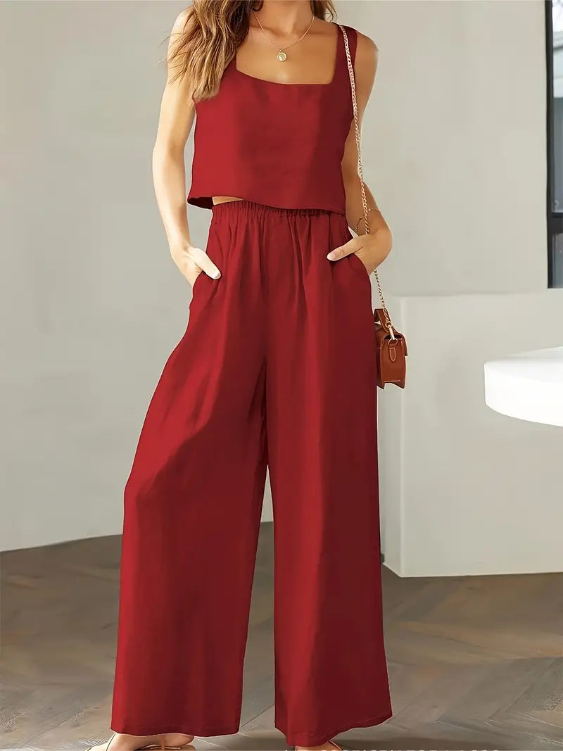 Xandrine - Top sin mangas de estilo casual y pantalón de pierna ancha