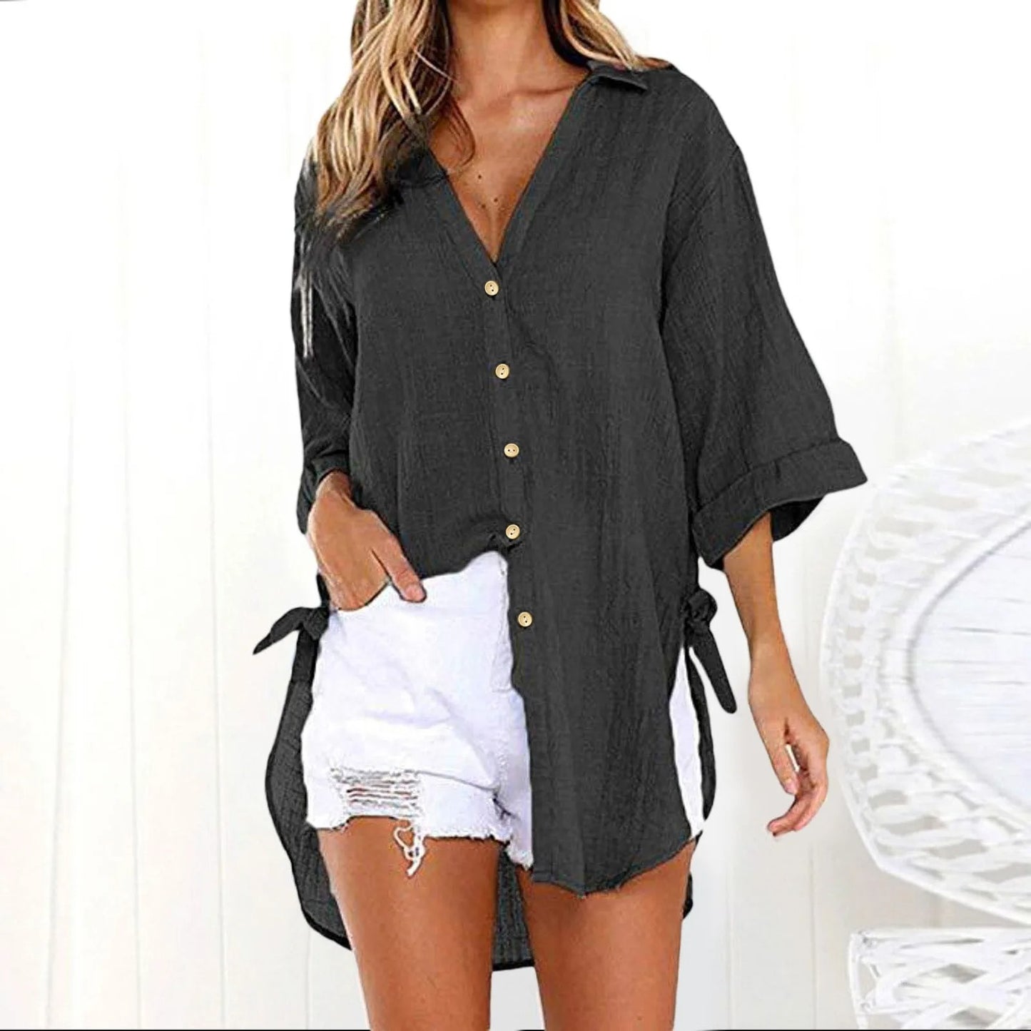 Karmella - Blusa casual suelta con botones y cuello en V