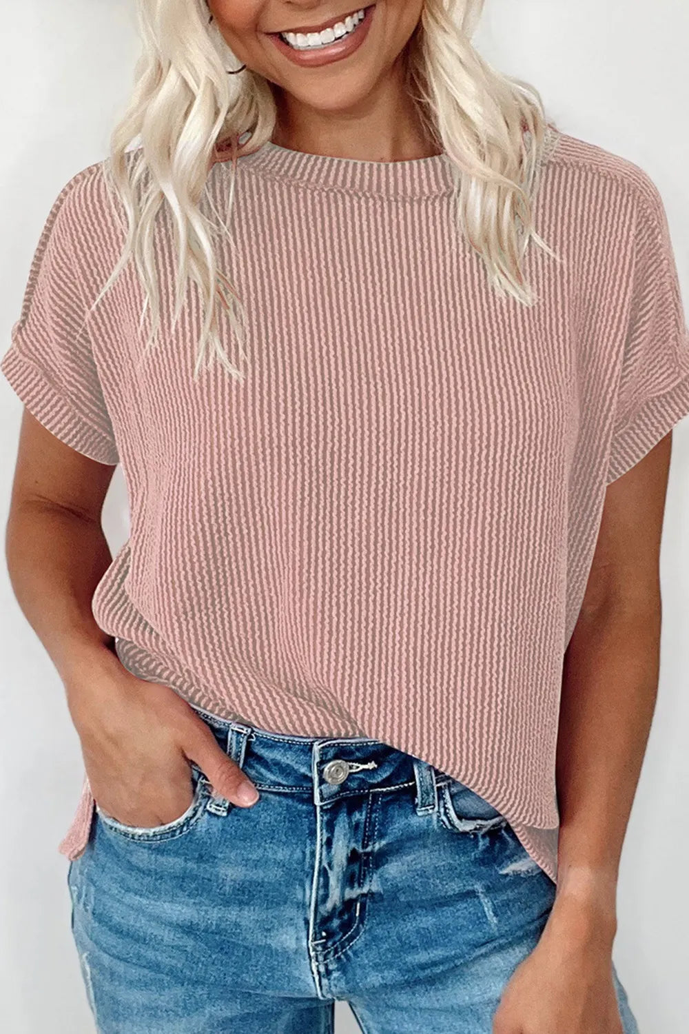 Pearl - Camiseta de manga corta de canalé y cuello redondo chic casual
