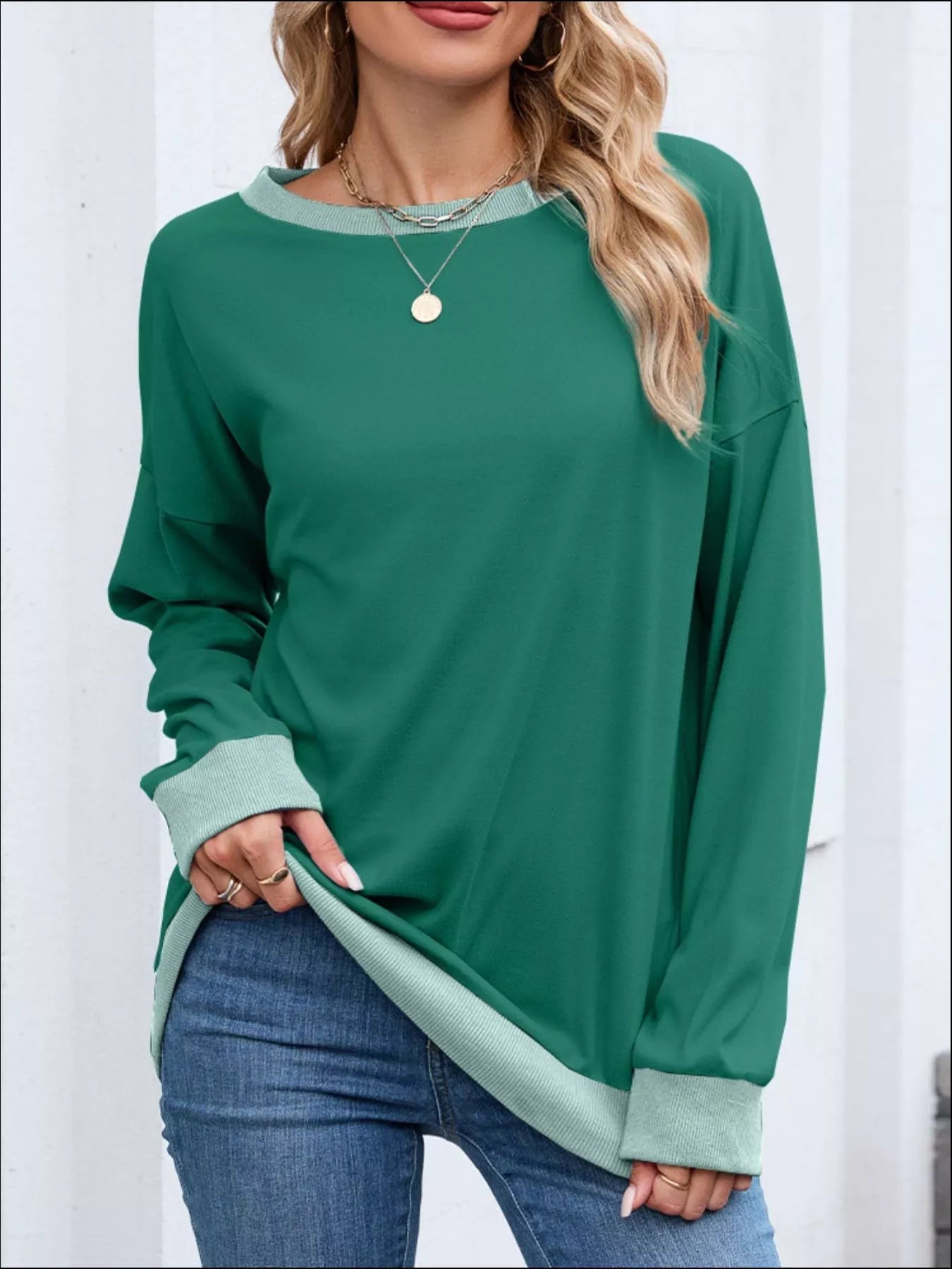 Danette - Sudadera informal de manga larga con ribetes en contraste
