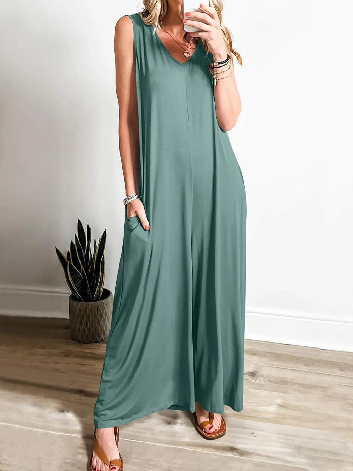 Lily - Mono Casual Sin Mangas Cuello en V Con Bolsillos