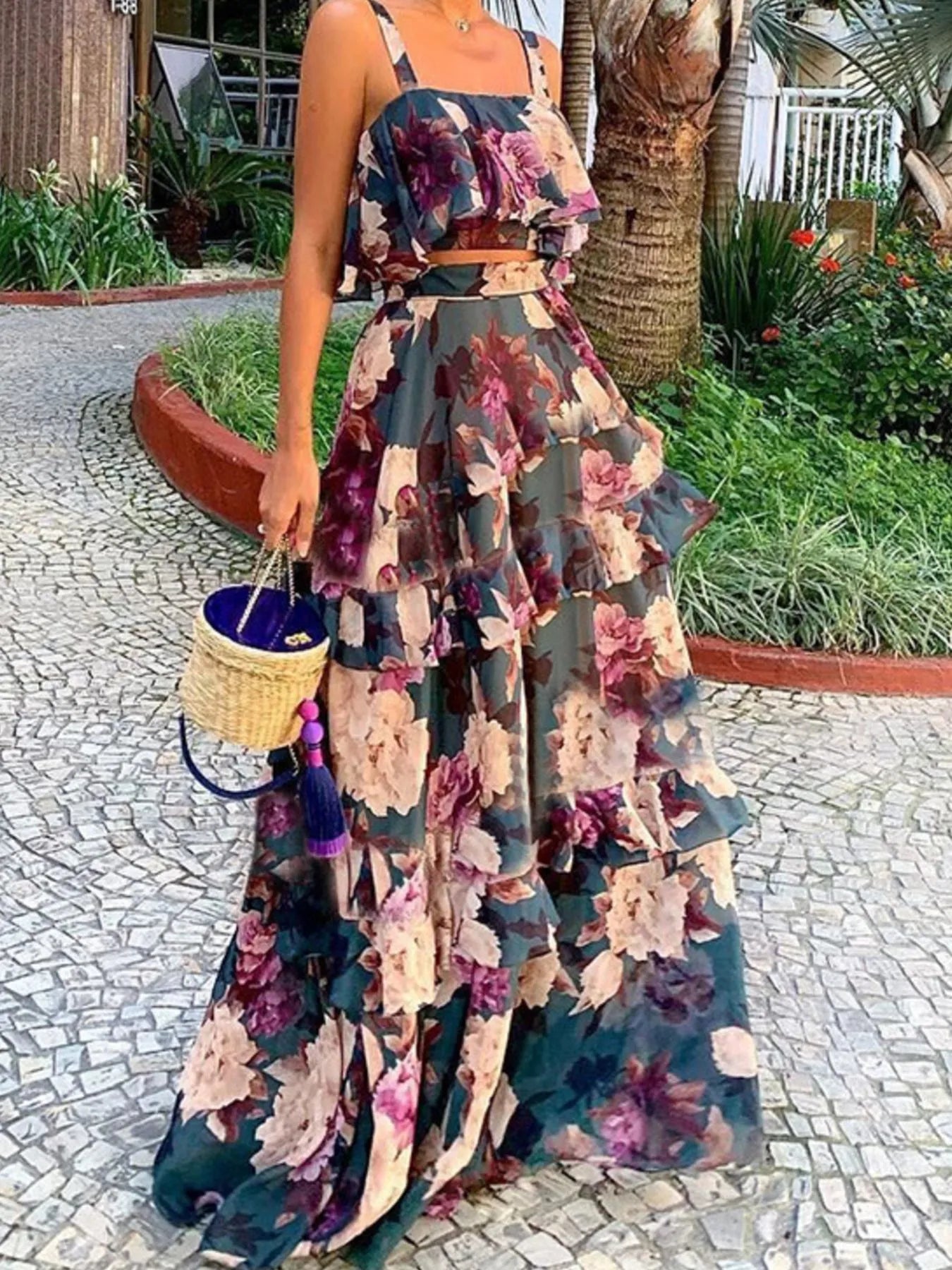 Leslie - Conjunto elegante de top corto con tirantes y falda holgada con capas
