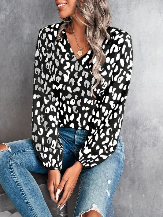 April - Blusa casual de manga larga y cuello de pico con estampado de leopardo