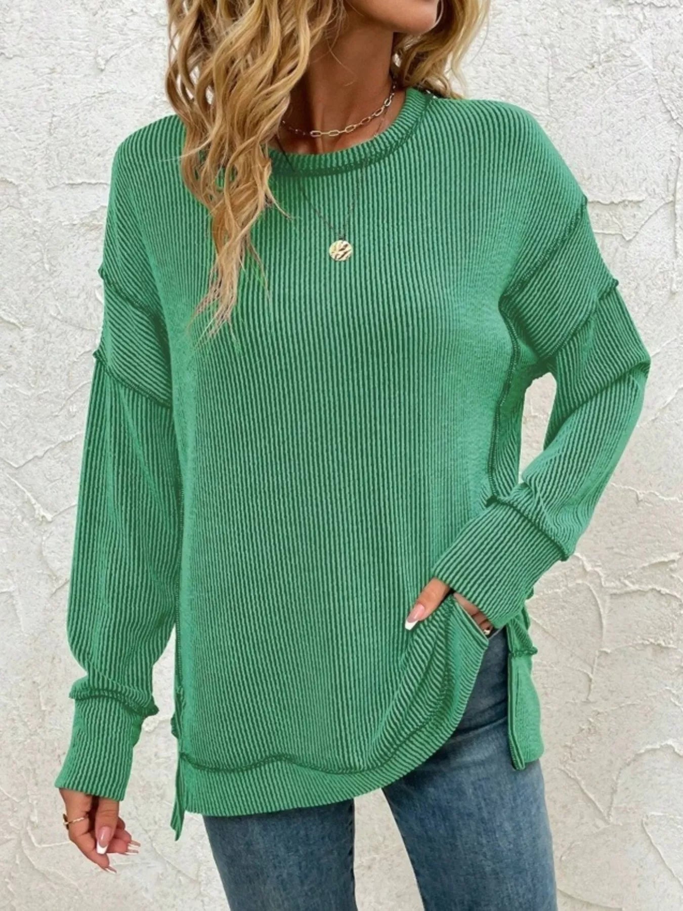 Aimy - Elegante jersey de cuello redondo con rayas y abertura lateral