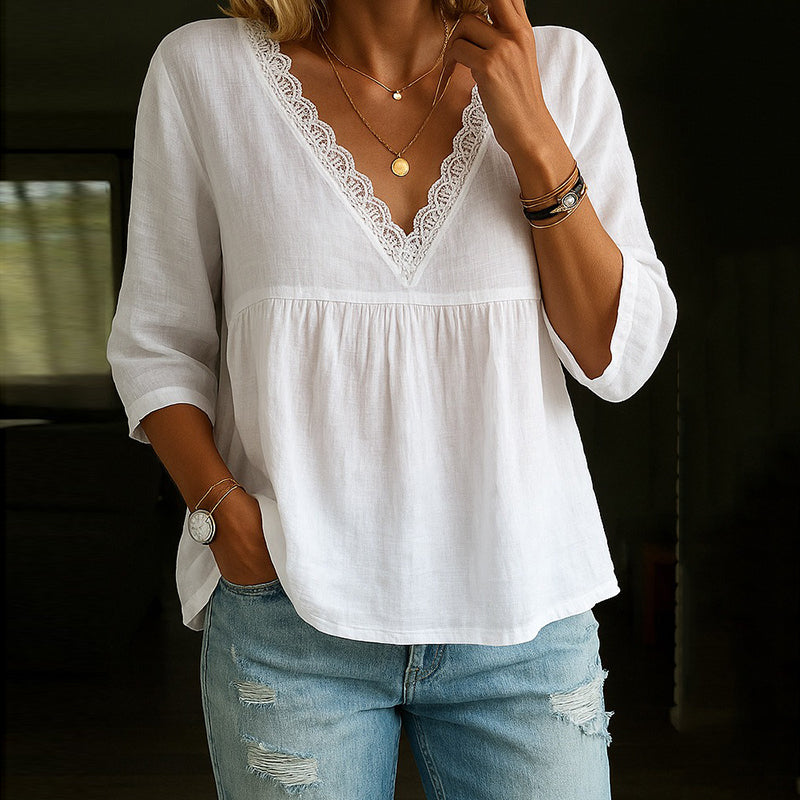Angel - Elegante blusa de encaje con cuello en V y manga 3/4
