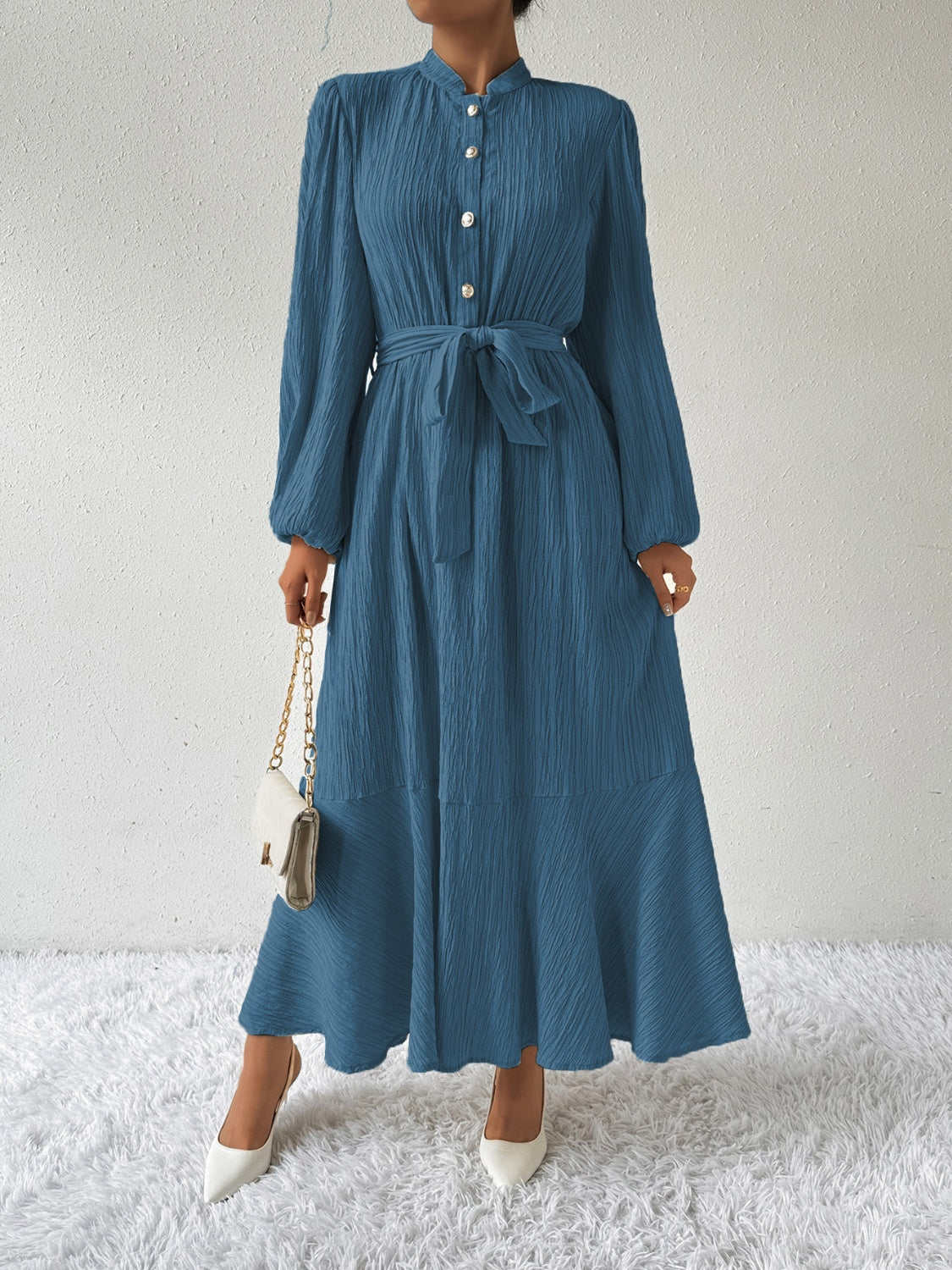 Anne - Elegante vestido largo de manga larga con cinturón de corbata