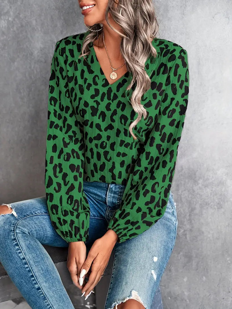 April - Blusa casual de manga larga y cuello de pico con estampado de leopardo
