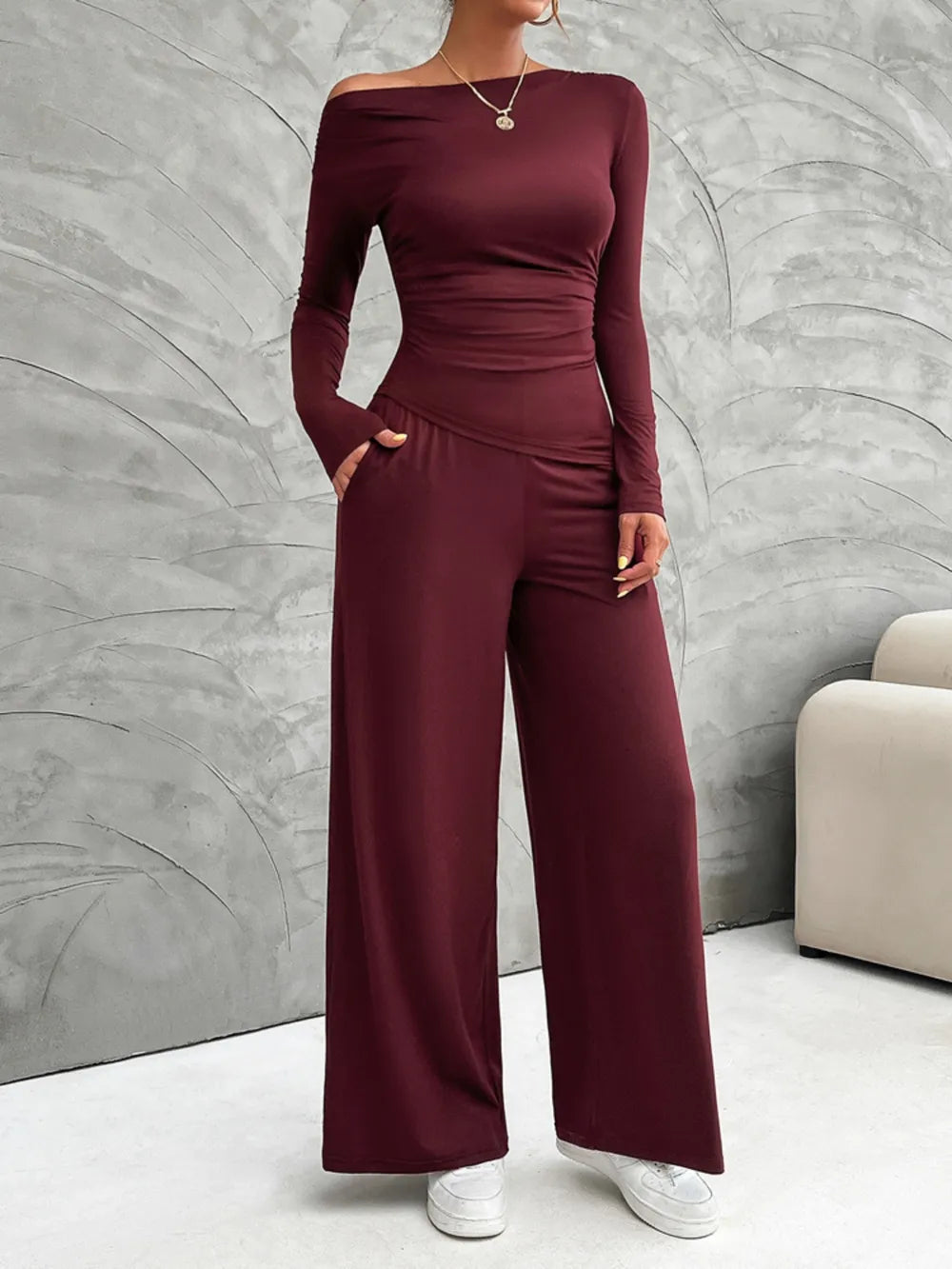 Mireya - Elegante conjunto de top ajustado de manga larga y pantalones anchos