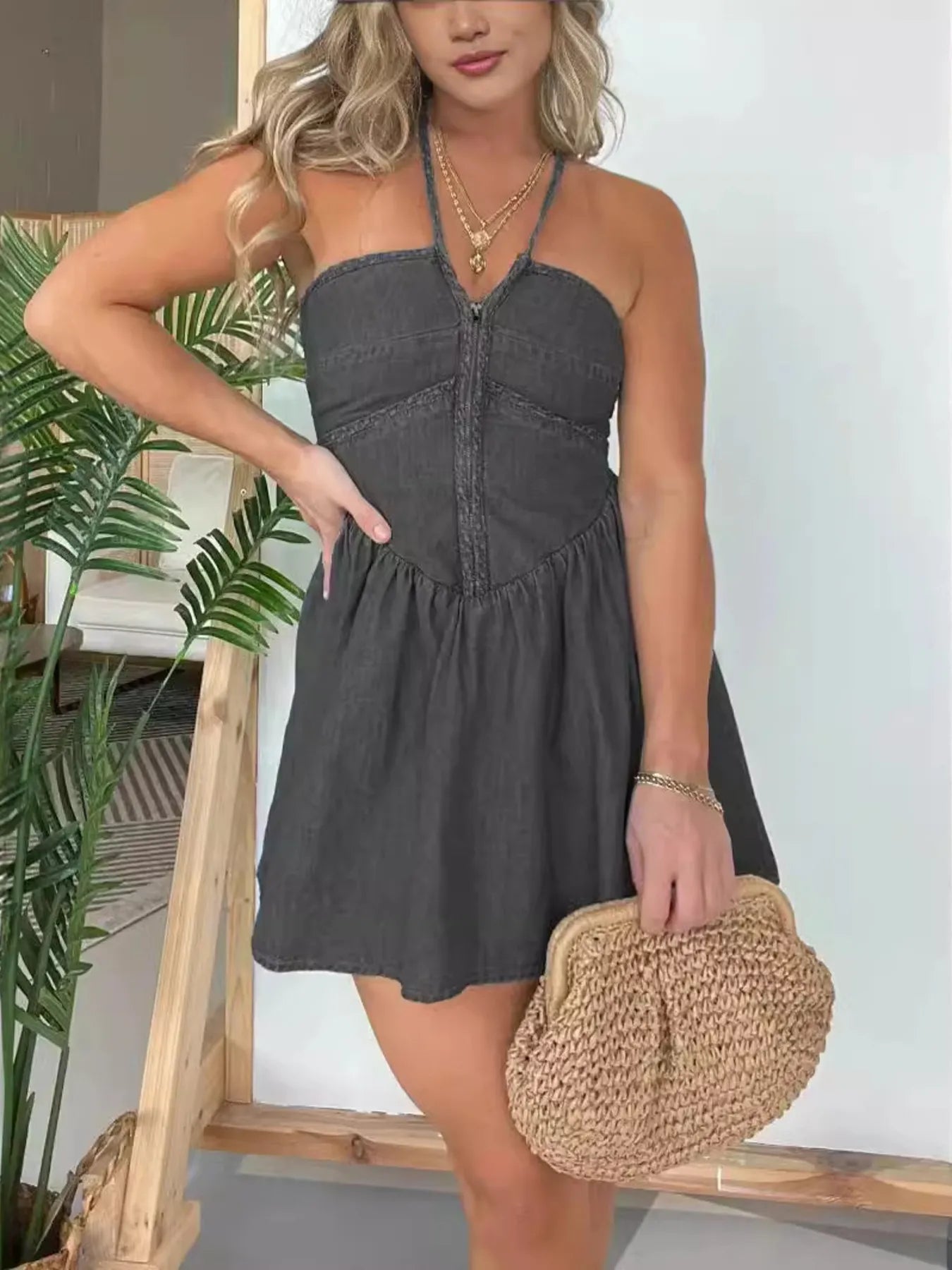 Rowena - Vestido vaquero informal de encaje y cuello halter