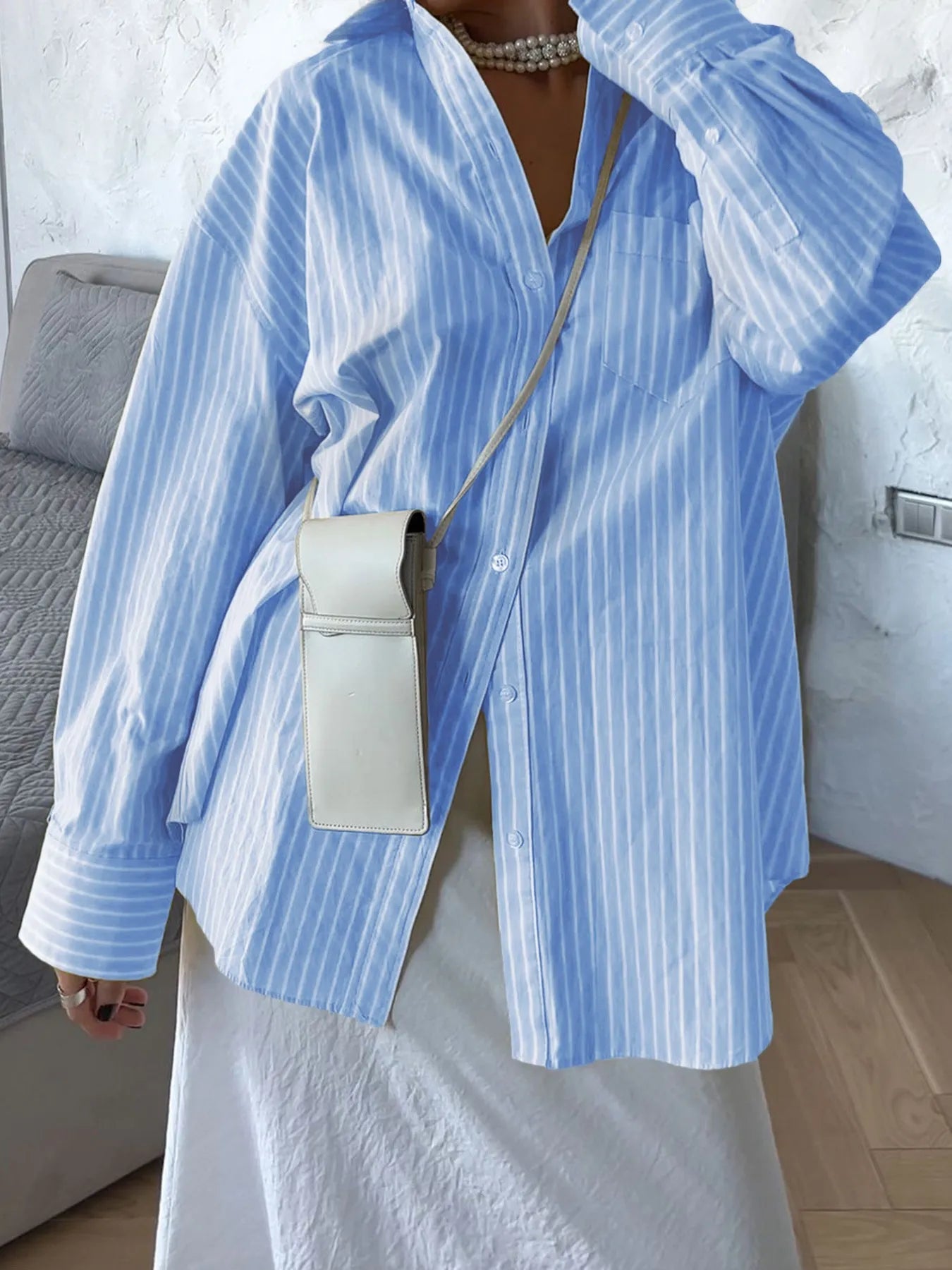 Elisa - Camisa holgada de manga larga con rayas y botones