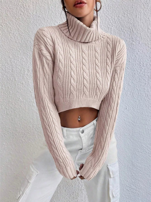 Dianne - Elegante jersey corto de manga larga con cuello alto y tejido de trenzado