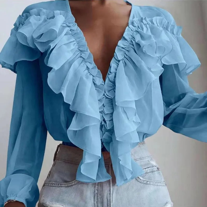 Nychelle - Elegante blusa con volante de manga larga y cuello en V profundo