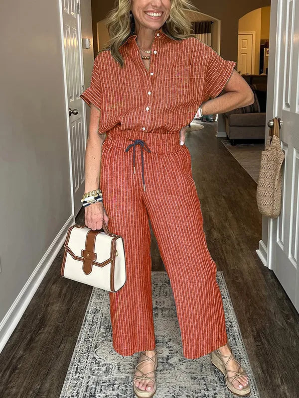 Malou - Conjunto informal de camisa suelta abotonada y pantalón ancho