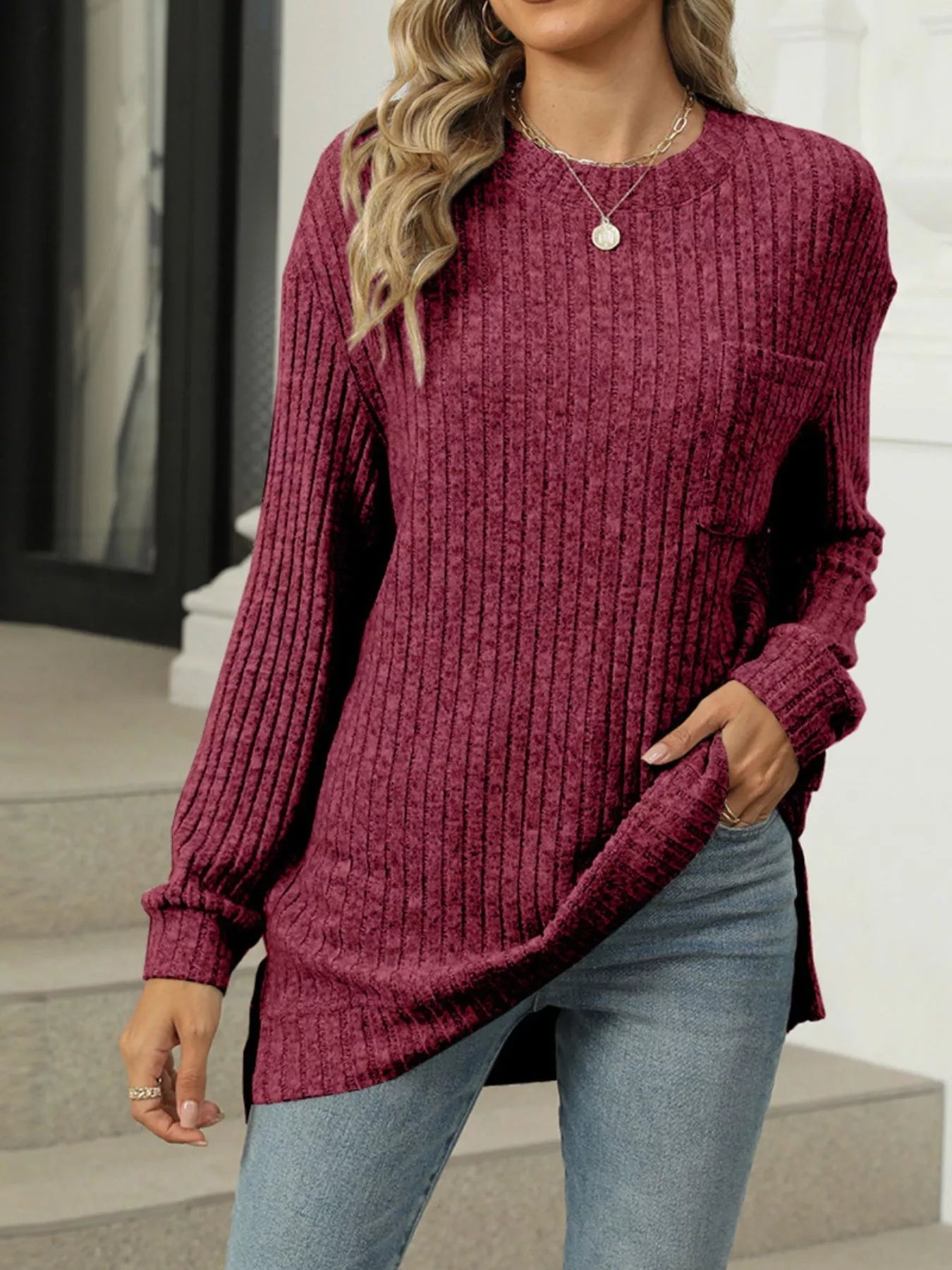 Talya - Elegante jersey de cuello redondo de punto acanalado
