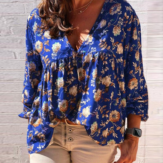 Dariana - Elegante blusa de manga larga y cuello en V con estampado floral