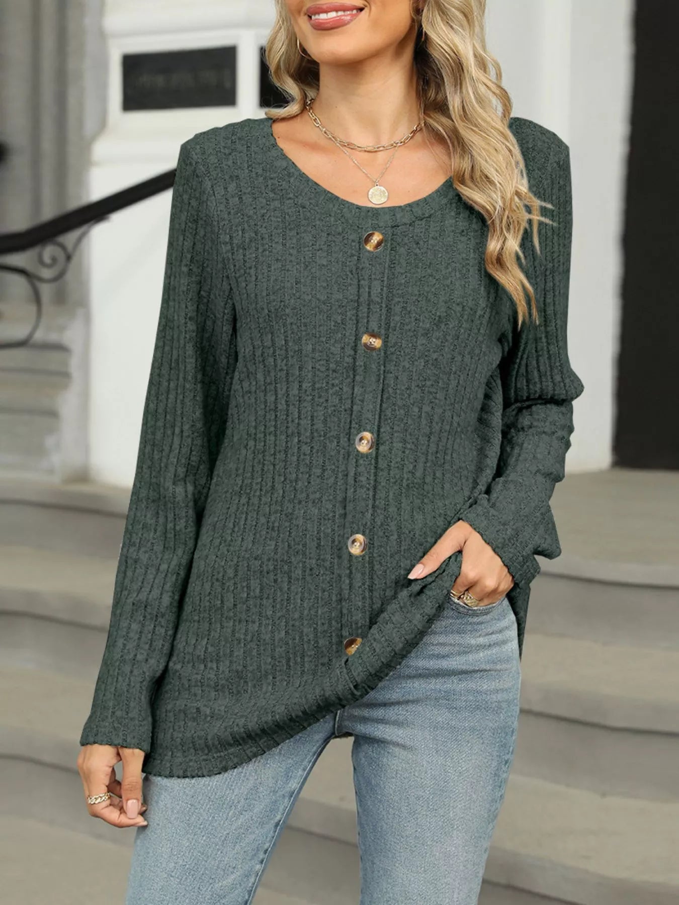 Belana - Elegante sudadera de manga larga con botones y cuello redondo de punto acanalado