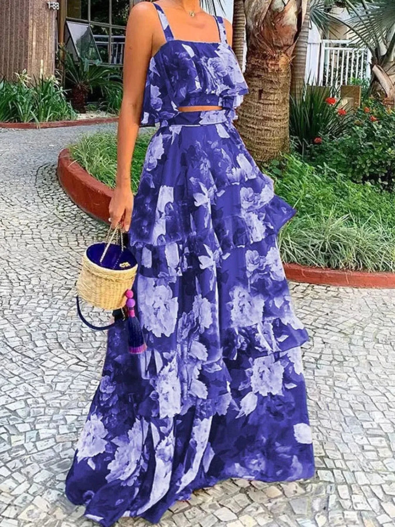 Leslie - Conjunto elegante de top corto con tirantes y falda holgada con capas