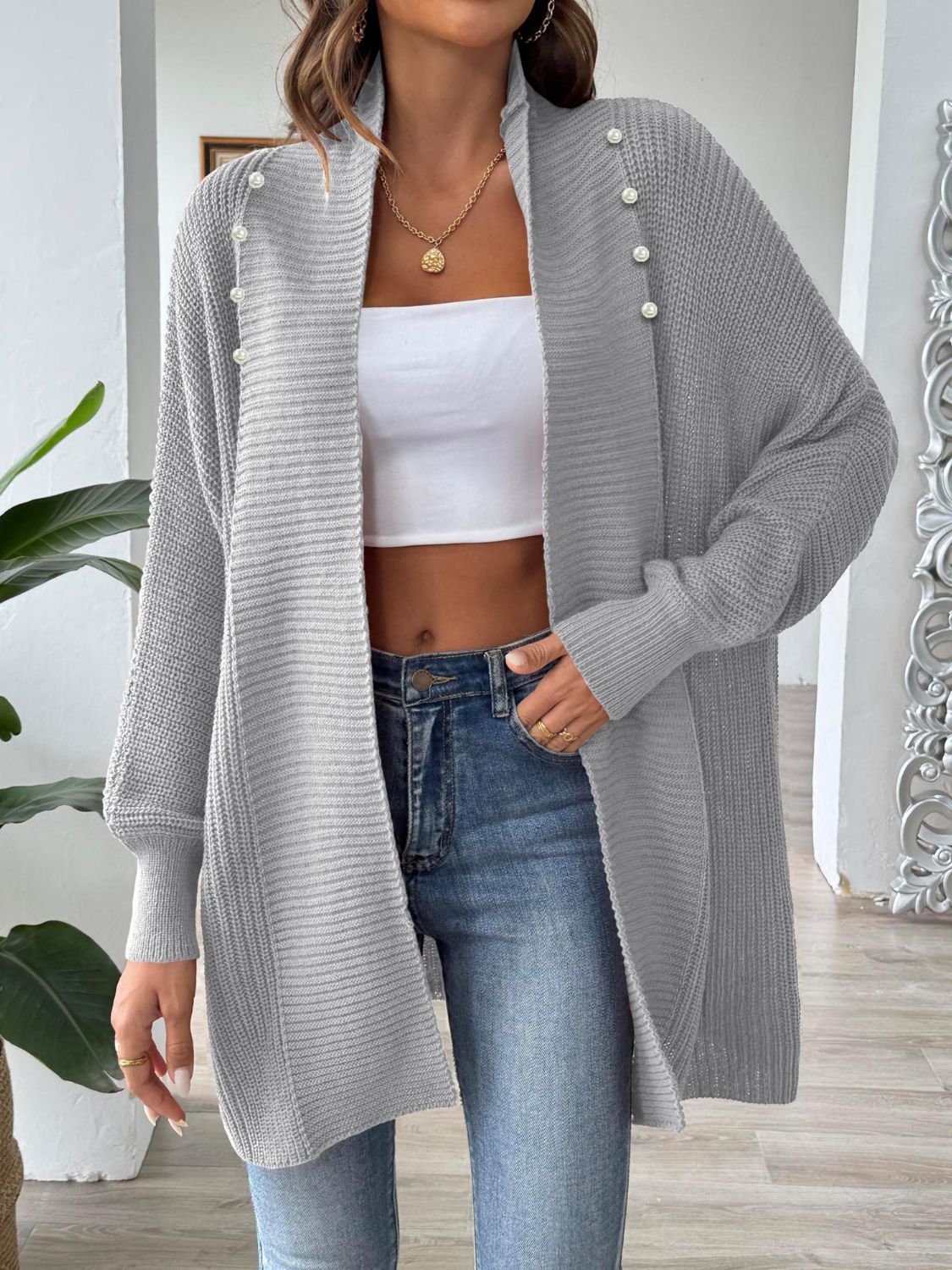 Clarice - Chaqueta de punto de manga larga, suelta y elegante, con frente abierto