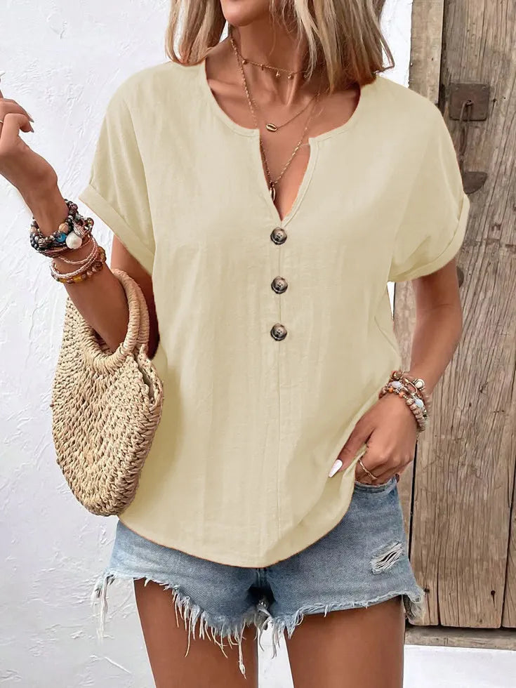 Vexana - Blusa casual de manga corta con cuello de muesca y botones