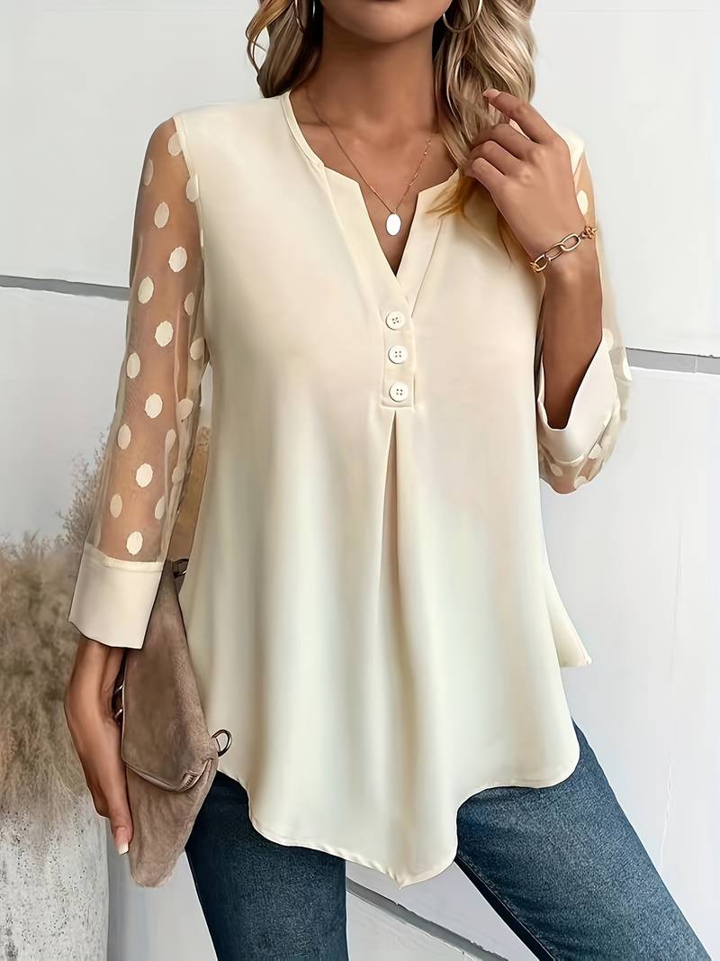 Aireen - Elegante blusa con cuello de pico y mangas de lunares