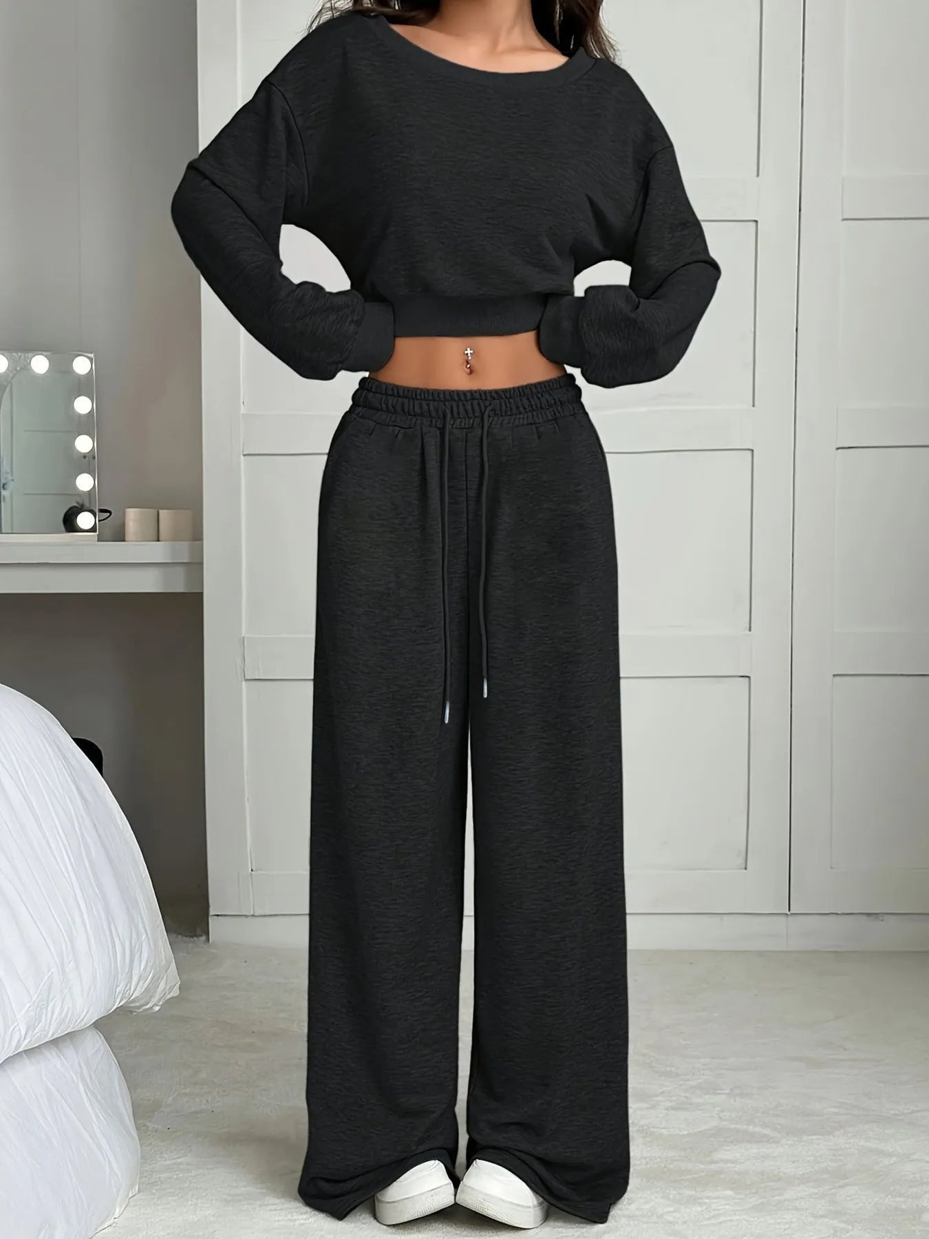Dina - Conjunto informal holgado de top corto con manga larga y pantalones