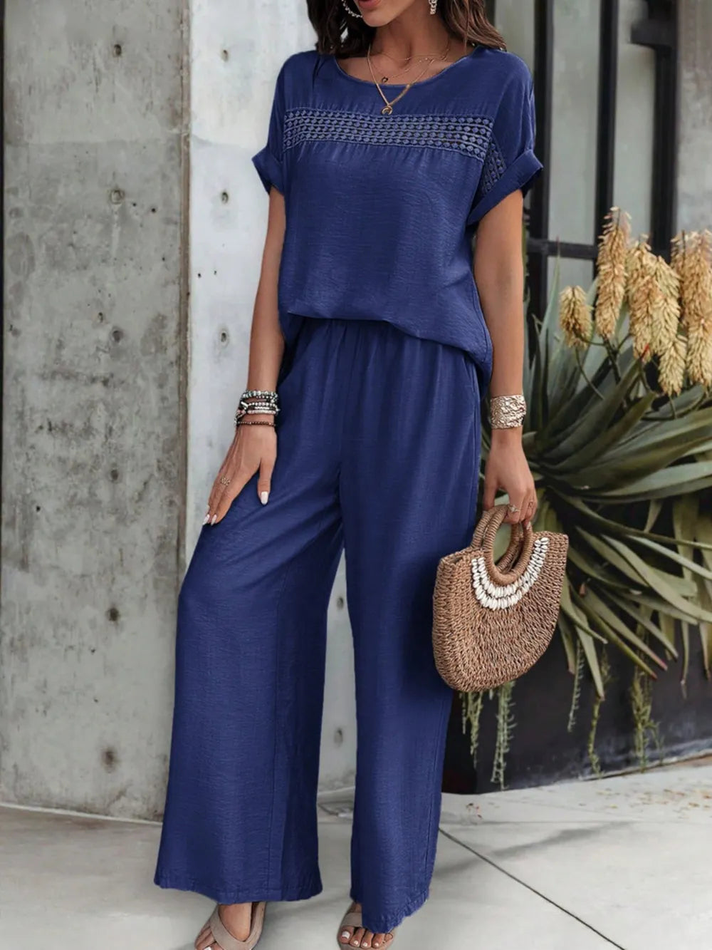 Kendall - Elegante conjunto de blusa de manga corta y pantalón con cuello redondo holgado