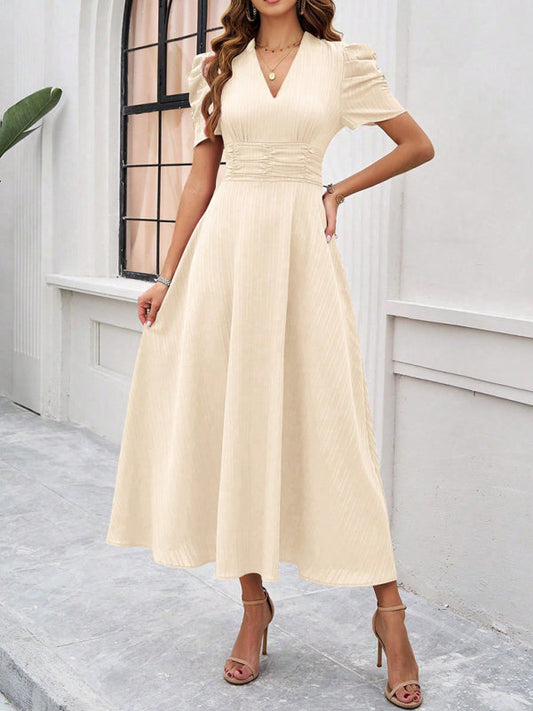 Natalie - Elegant puff sleeve fitted waist A-line dress